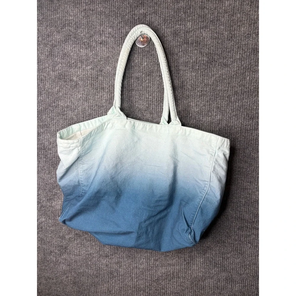 Athleta Blue Ombre Dip Dye Cotton Canvas Tote Bag Logo Beach Gym Travel